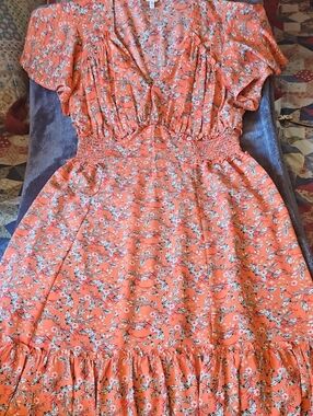 Max Studio Coral Floral Maxi Dress with Smocked Waist